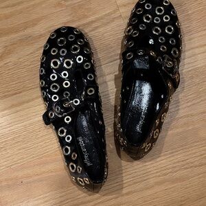 Jeffrey Campbell Black and Gold Eyelet Loafers